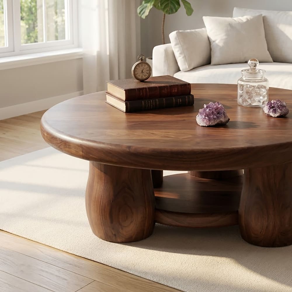 Modern round coffee table crafted from solid wood with an open lower shelf