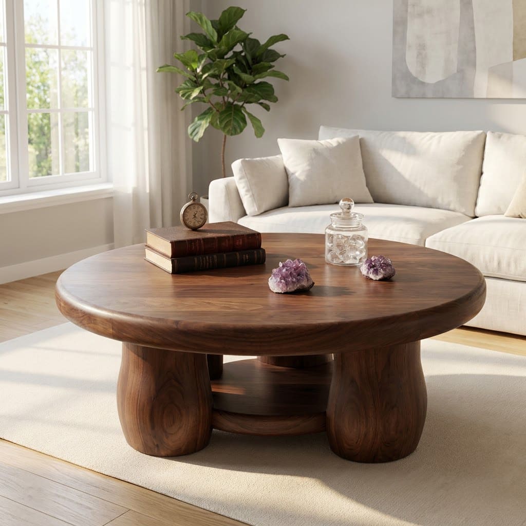 Sculptural solid wood round coffee table with a lower storage shelf for modern living rooms