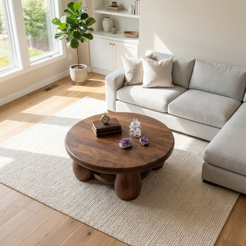 Modern solid wood round coffee table with an open lower shelf for contemporary living spaces