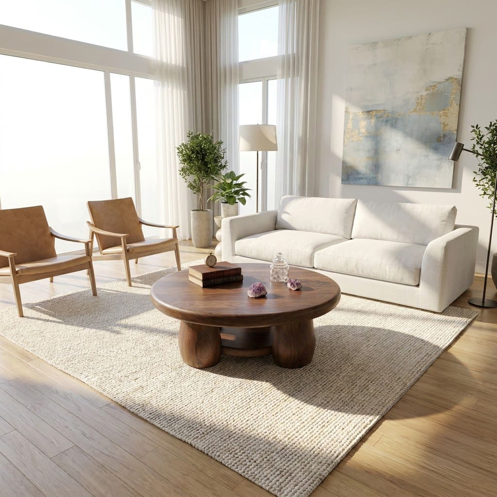 Round solid wood coffee table with a functional lower shelf for elegant modern living rooms