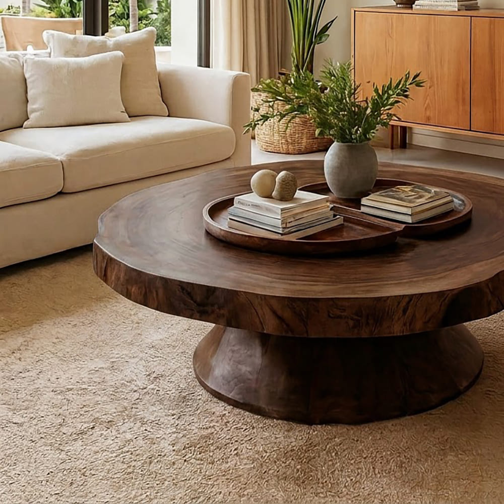 Sculptural solid wood round coffee table with a pedestal base