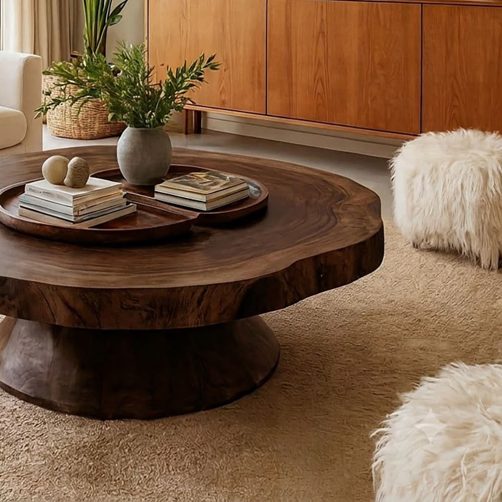 Modern round slab coffee table in solid wood