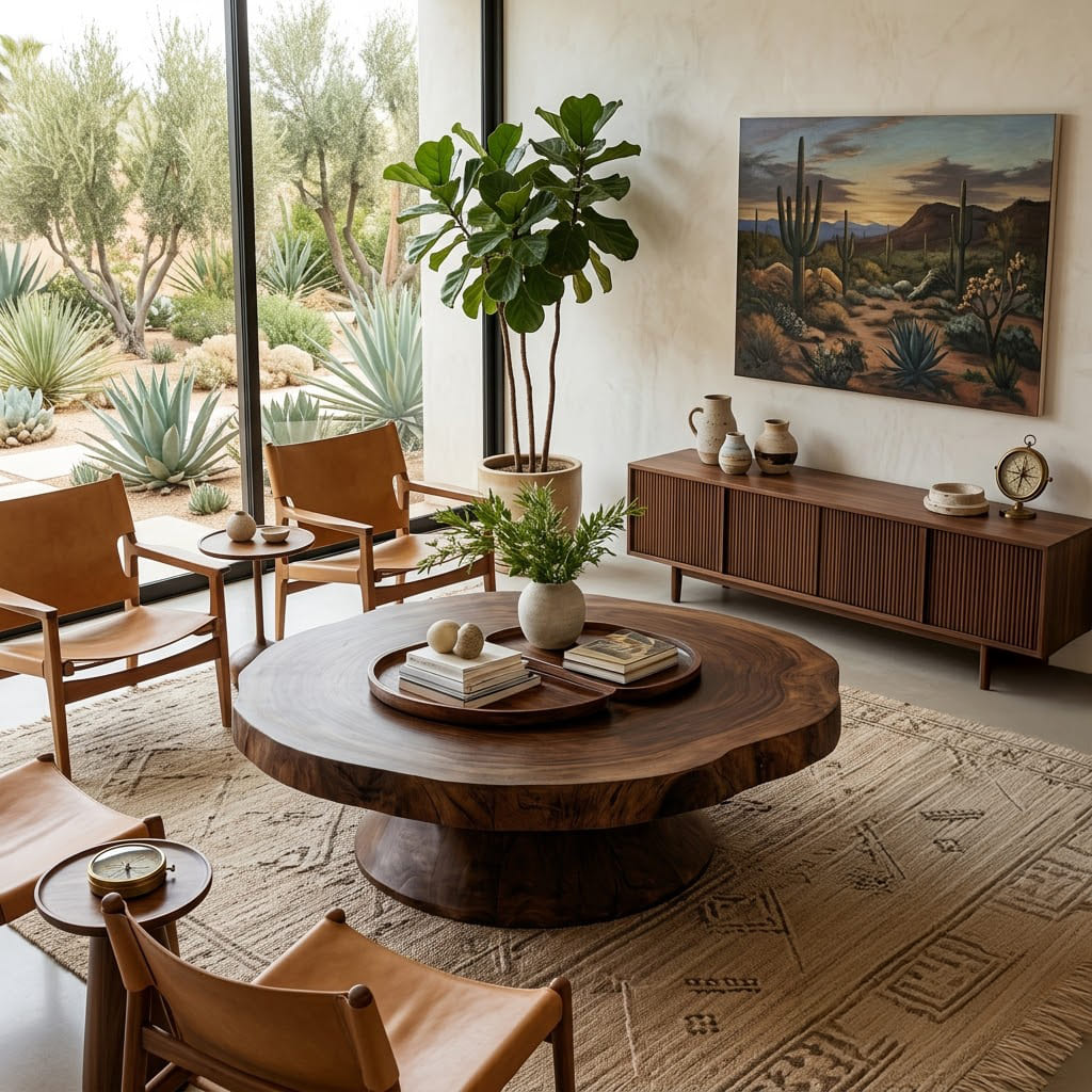 Live edge solid wood round coffee table with a sculptural conical base for contemporary living spaces