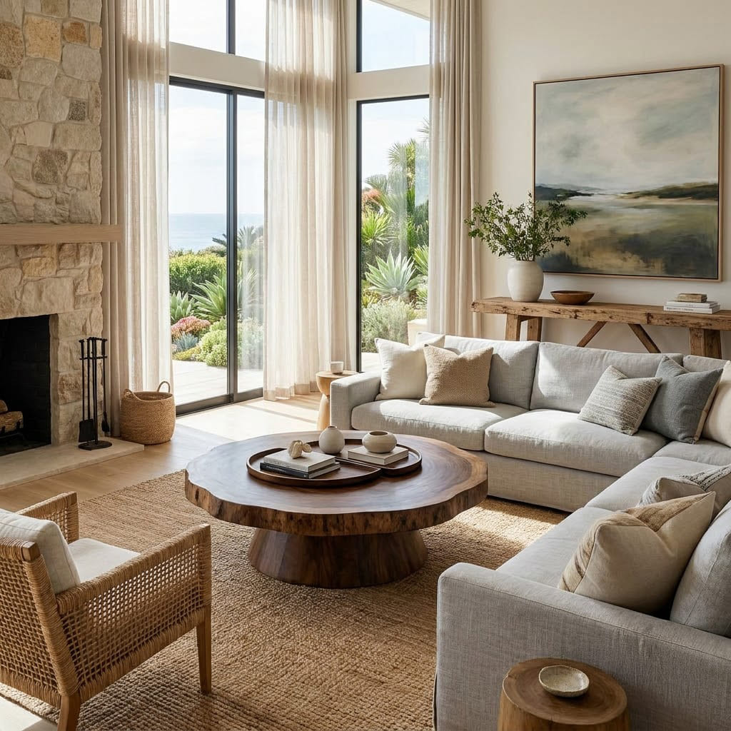 Sculptural solid wood round live edge coffee table with a conical pedestal base for modern living rooms