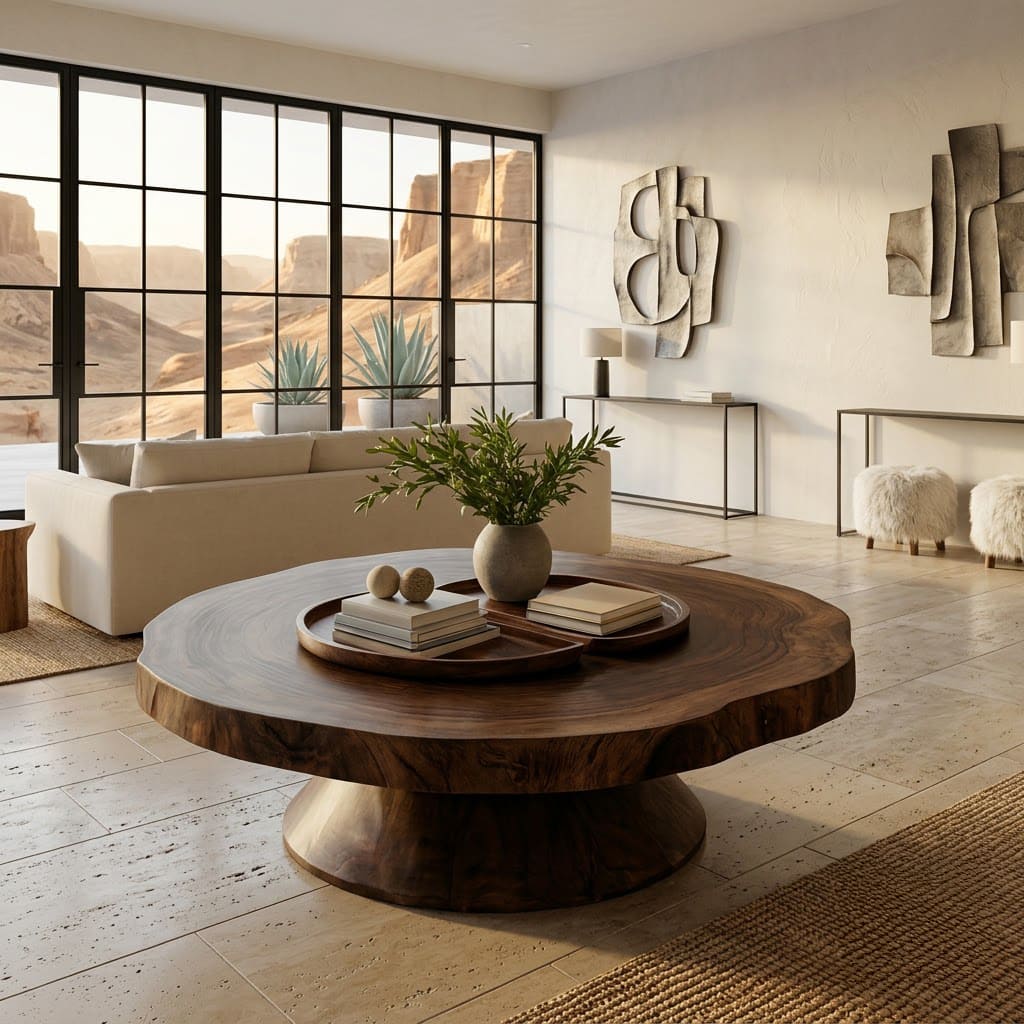 Modern solid wood round slab coffee table with a unique pedestal base for stylish home interiors