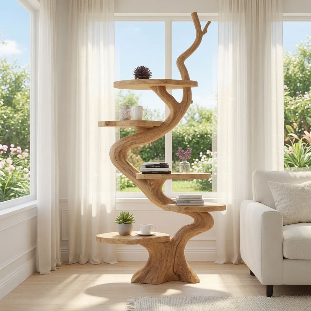 Sculptural solid wood tree shelf in a modern living room