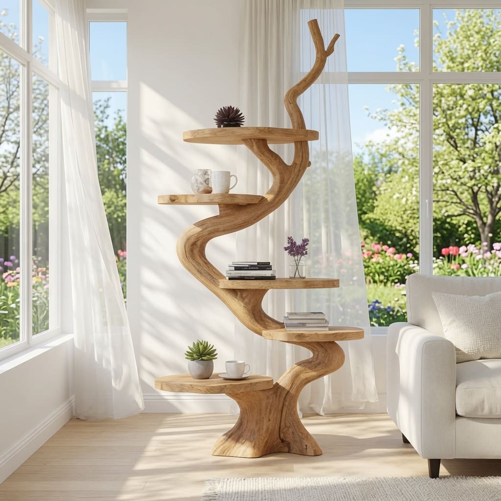 Sculptural wooden display shelf in a Scandinavian living space