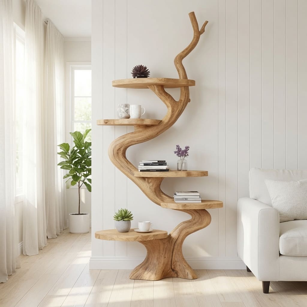Artistic solid wood display shelf in a contemporary reading nook