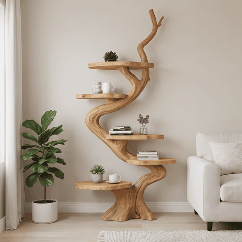 Sculptural S-Curve Solid Wood Display Shelf - Organic Modern Tree Shelf