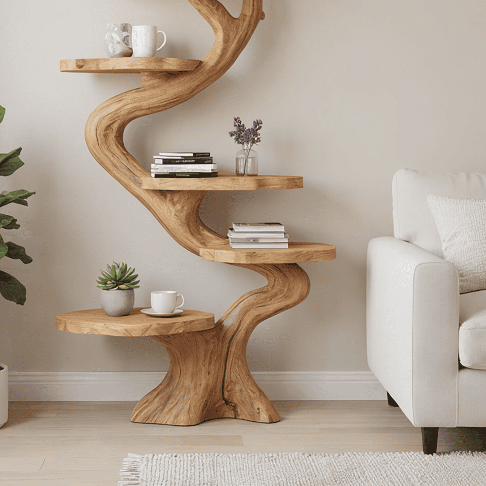 Sculptural solid wood bookshelf with S-curve design