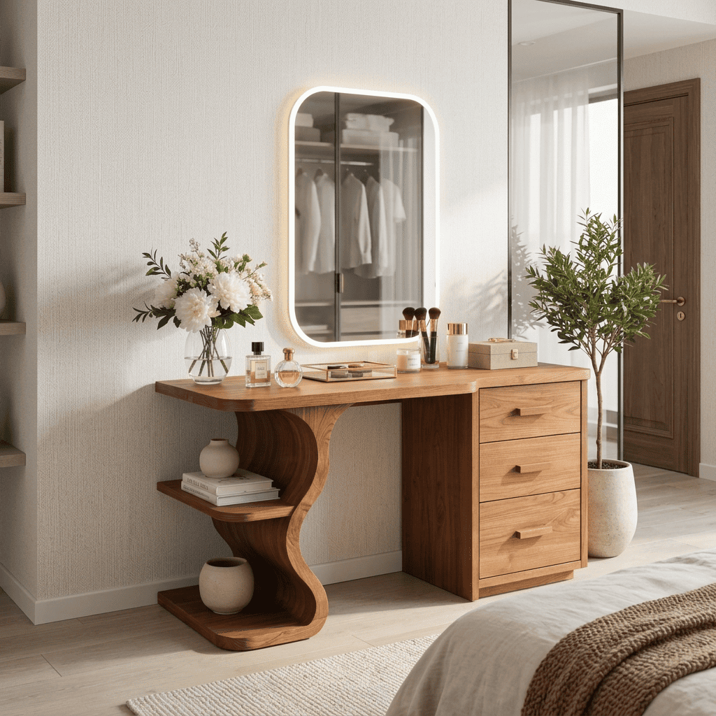 Sculptural solid wood S-curve makeup vanity desk with 3 drawers styled in a modern master bedroom