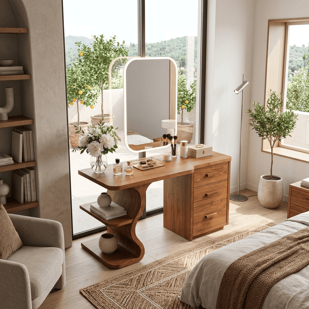 Artisanal solid timber vanity console table elevating a luxury bedroom suite interior