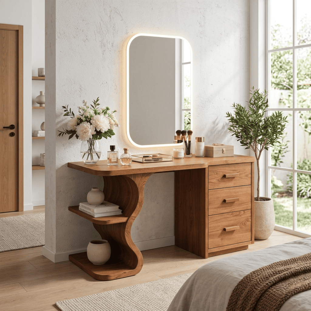 Minimalist solid wood S-shaped vanity desk in a sunlit beauty dressing corner