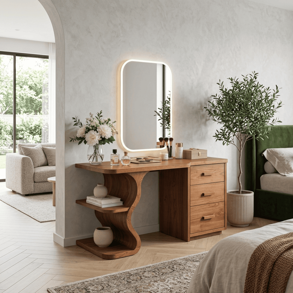 Contemporary natural wood curved dressing table for an elegant bedroom