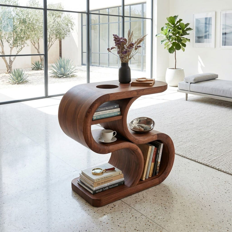Sculptural S-shaped end table crafted from solid wood with a multi-tier design