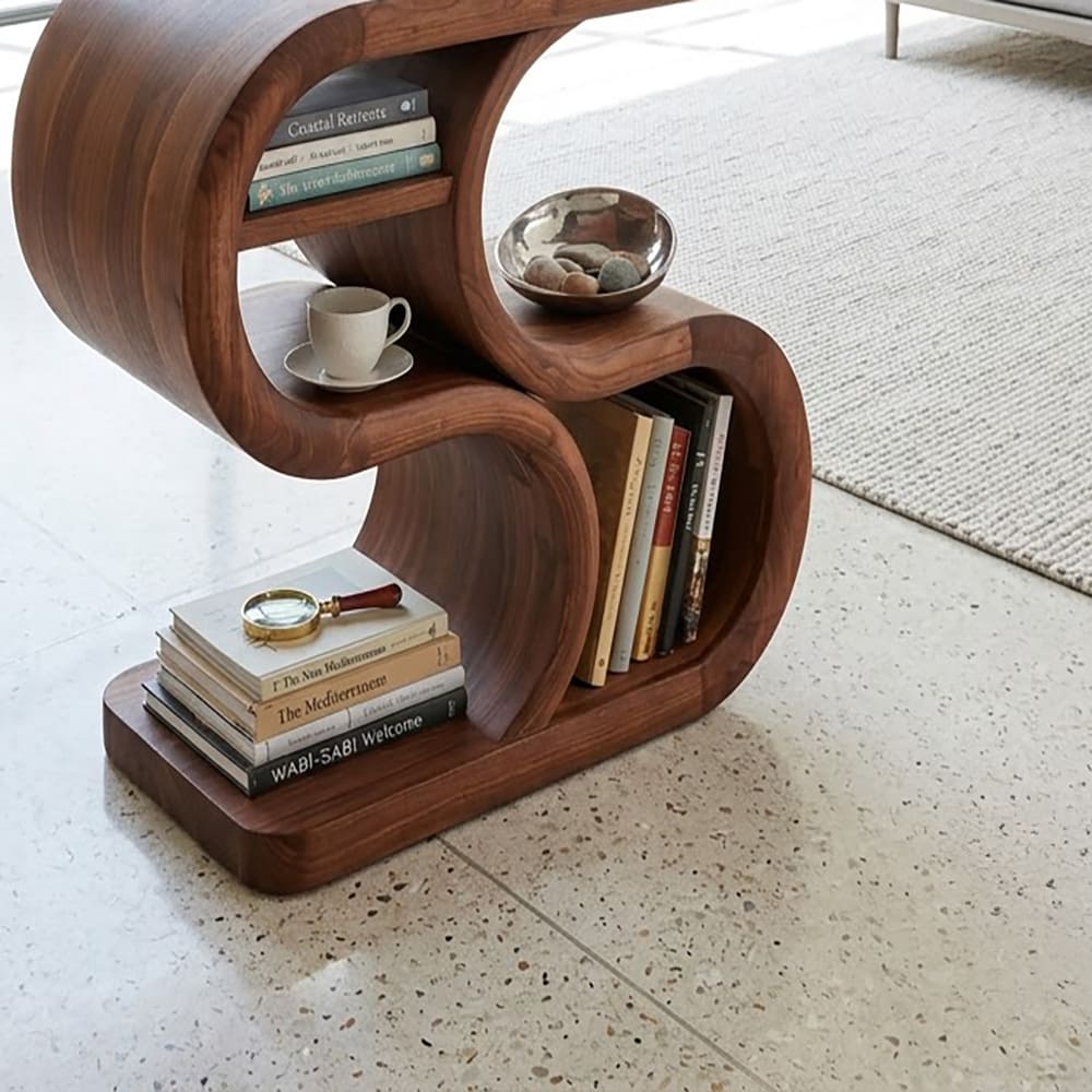S-shaped solid wood accent table with multiple open display shelves