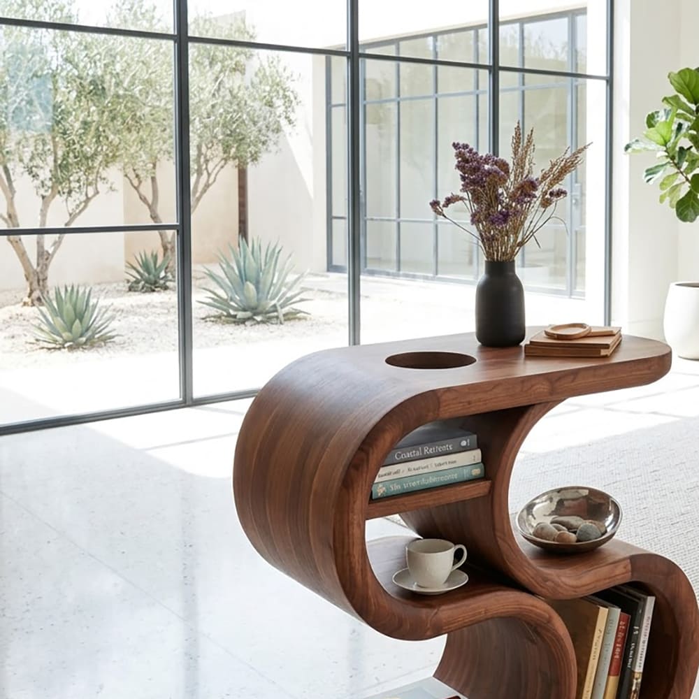 Sculptural solid wood end table with a curved S-shaped silhouette