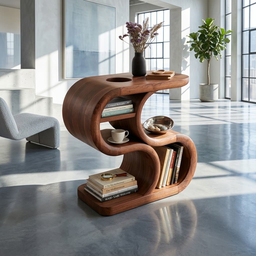 Sculptural S-shaped solid wood end table with multi-tier shelves for modern living rooms