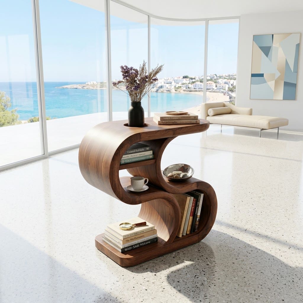 S-shaped solid wood end table with open tiered shelving for stylish living spaces