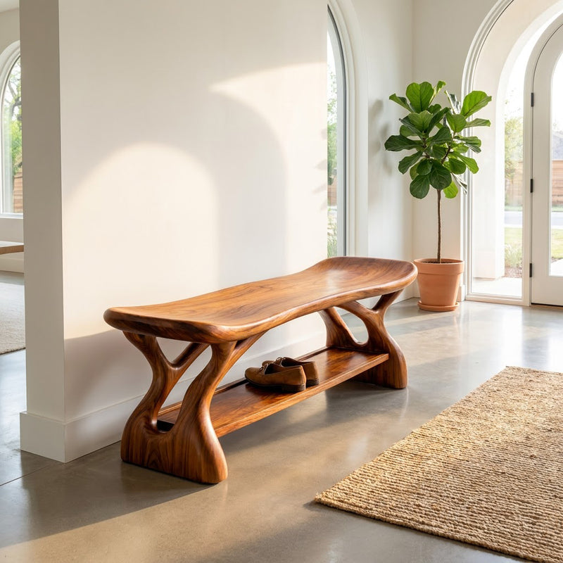 Sculptural saddle-seat entryway shoe bench crafted from solid wood with lower storage