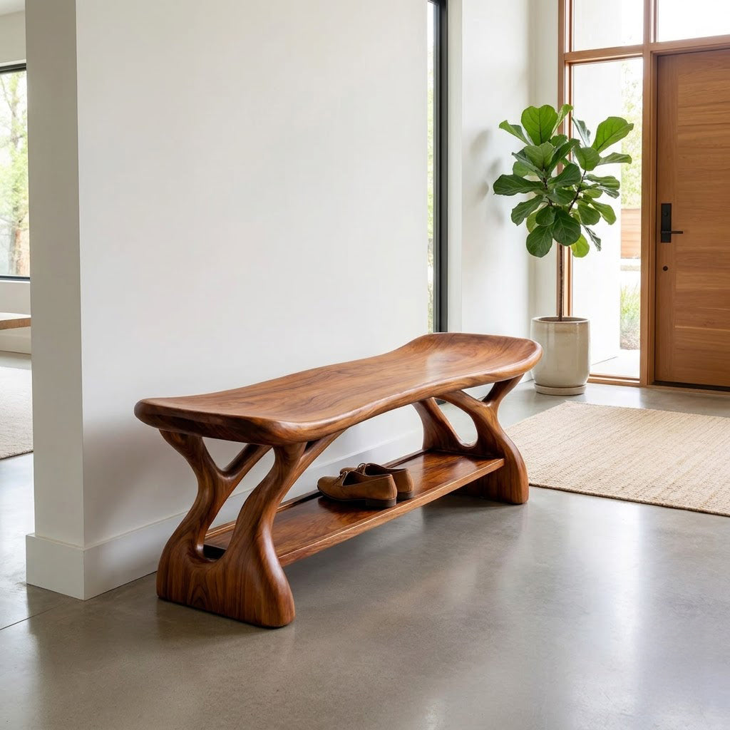 Sculptural saddle-seat solid wood entryway shoe bench with lower storage shelf for modern entryways