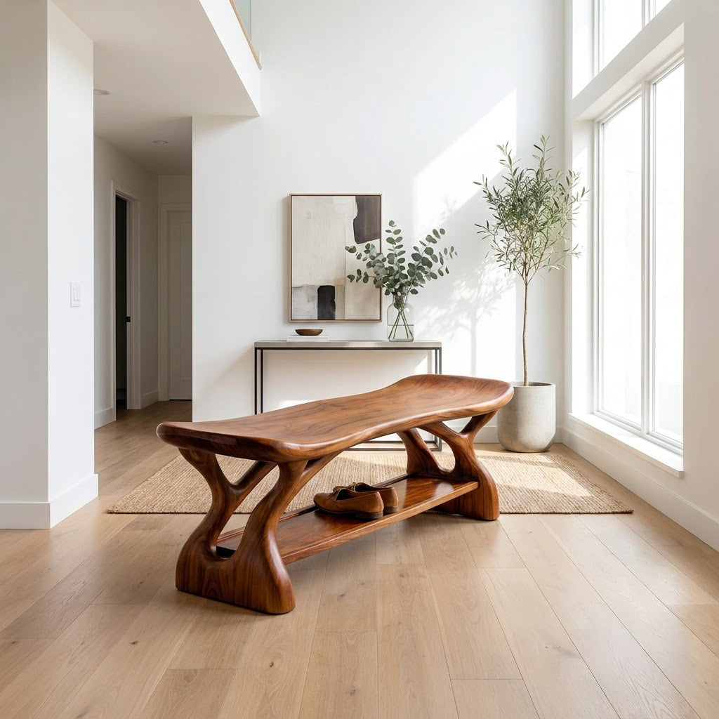 Saddle-seat solid wood shoe bench with a curved design and lower shelf for stylish entryway interiors