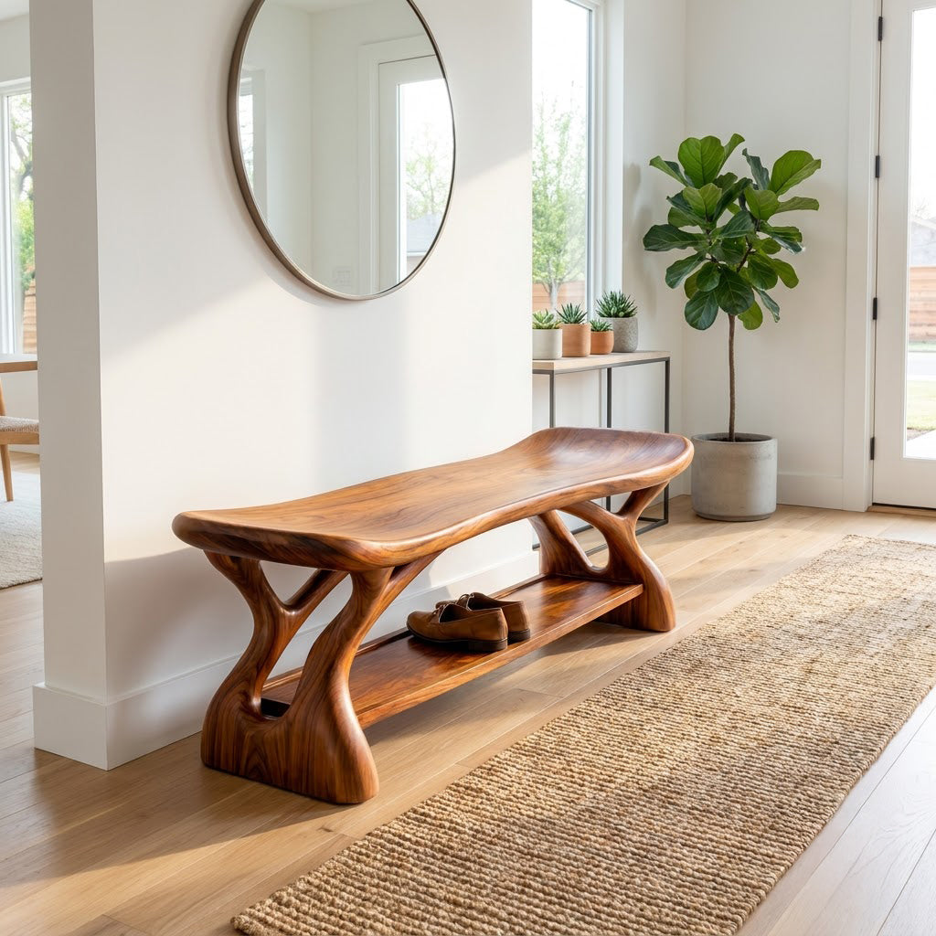 Modern solid wood shoe bench with a sculptural saddle seat and lower storage for organized entryways