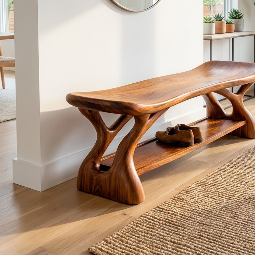 Saddle-seat solid wood entryway shoe bench with a sculptural curved design