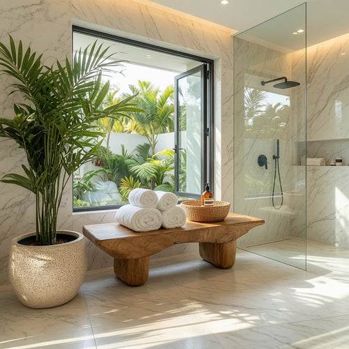 Sculptural Shower Bench With Storage Space For Luxury Bathroom