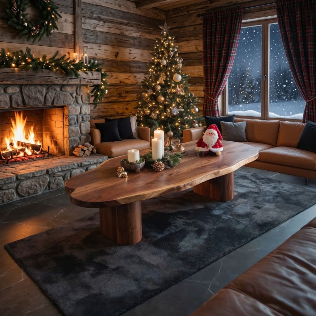 Contemporary live-edge coffee table adding natural warmth to a luxury living room