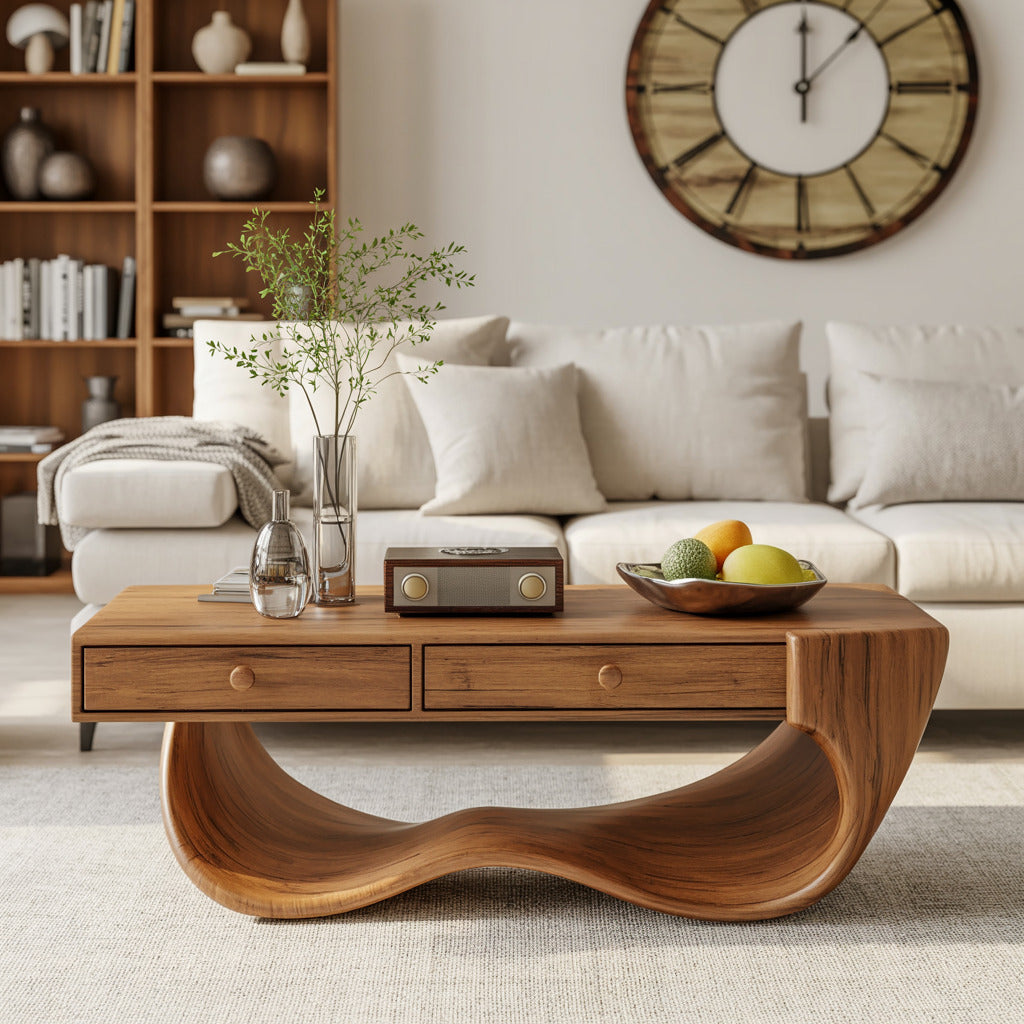 Sculptural solid wood wave coffee table in a Christmas living room