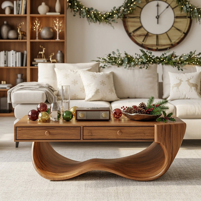Contemporary wooden wave coffee table crafted from solid wood