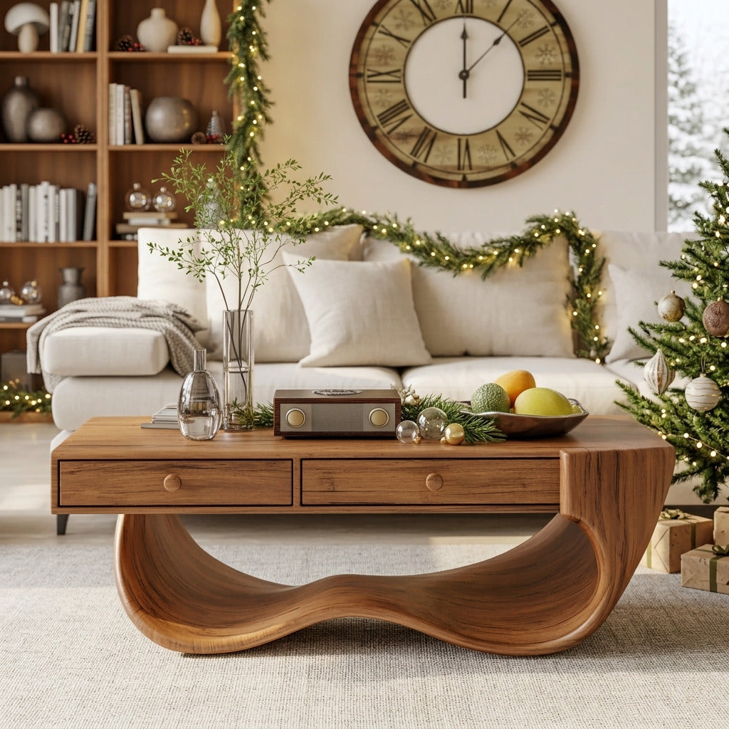 Christmas-inspired solid wood coffee table in a cozy holiday living room