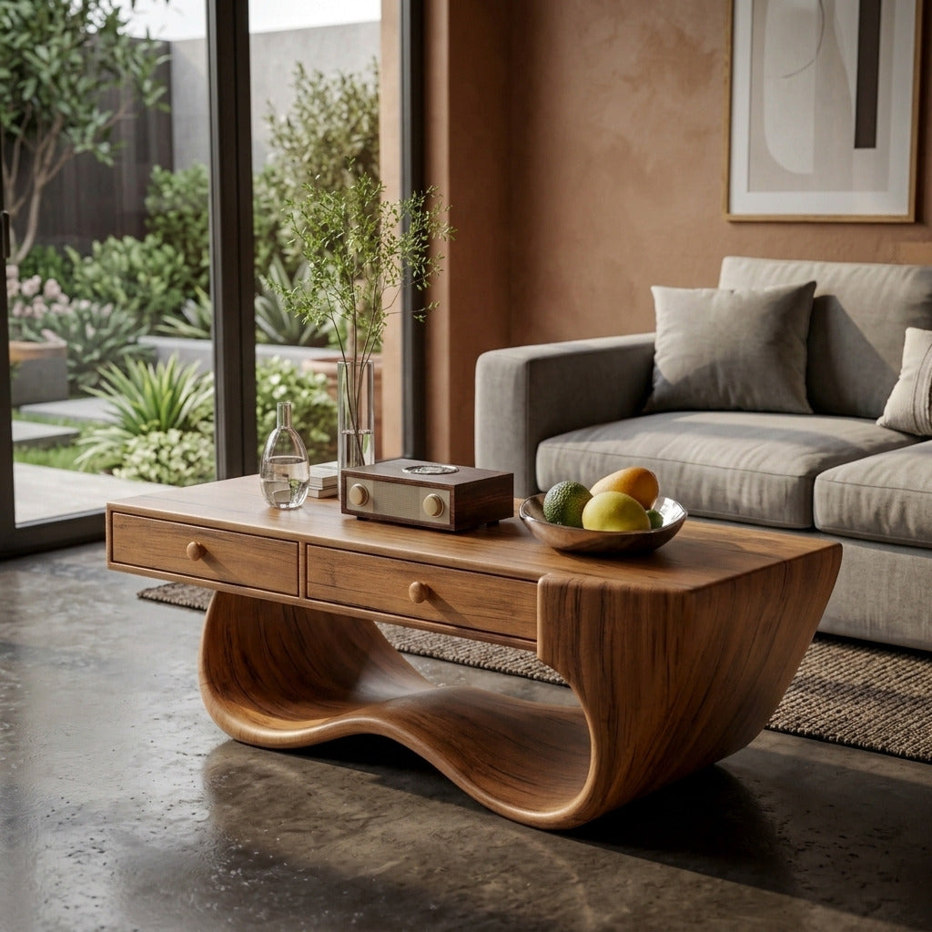 Artistic solid wood wave coffee table styled in a contemporary living space