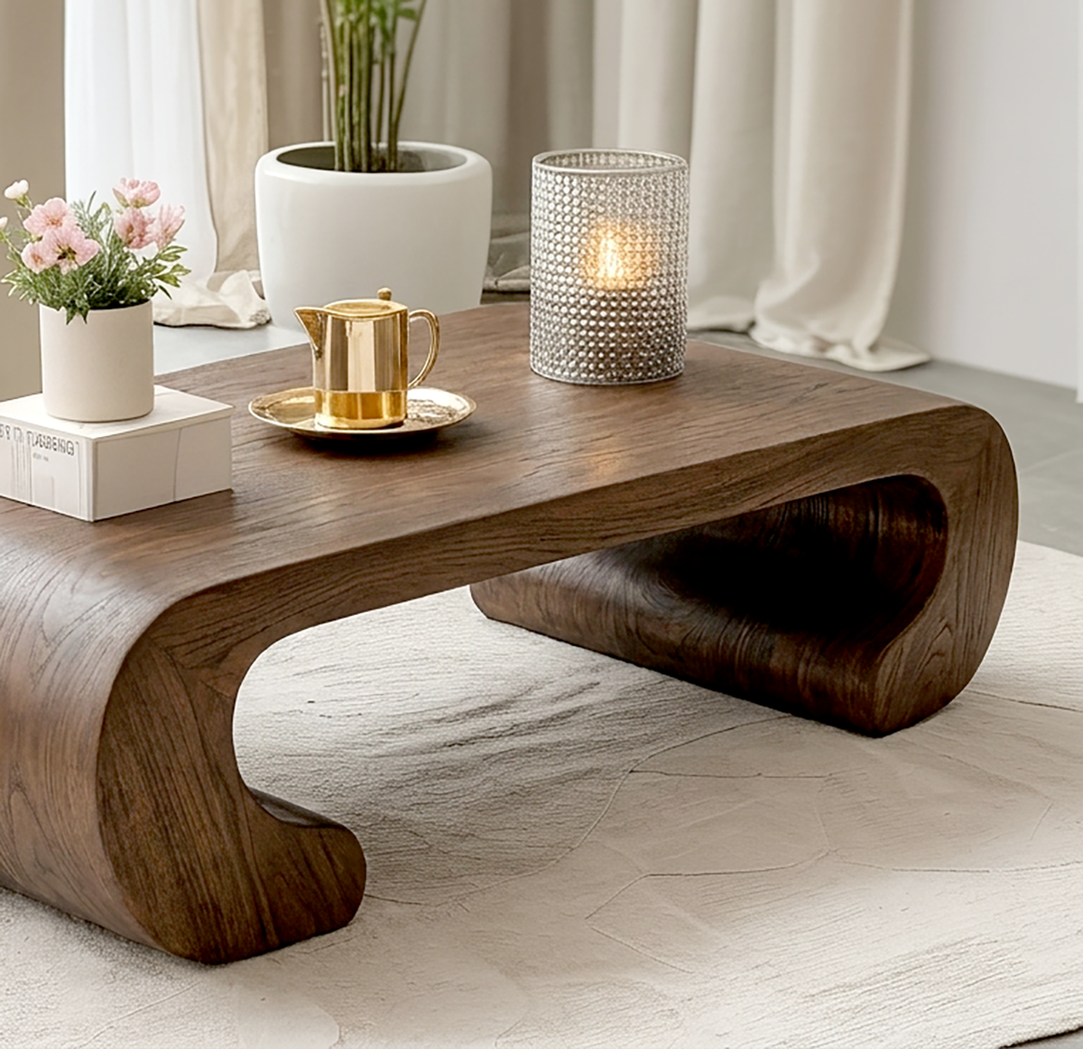 Modern wooden coffee table with flowing curved silhouette