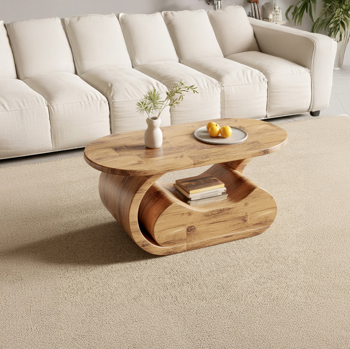 Sculptural solid wood coffee table with organic fluid form design