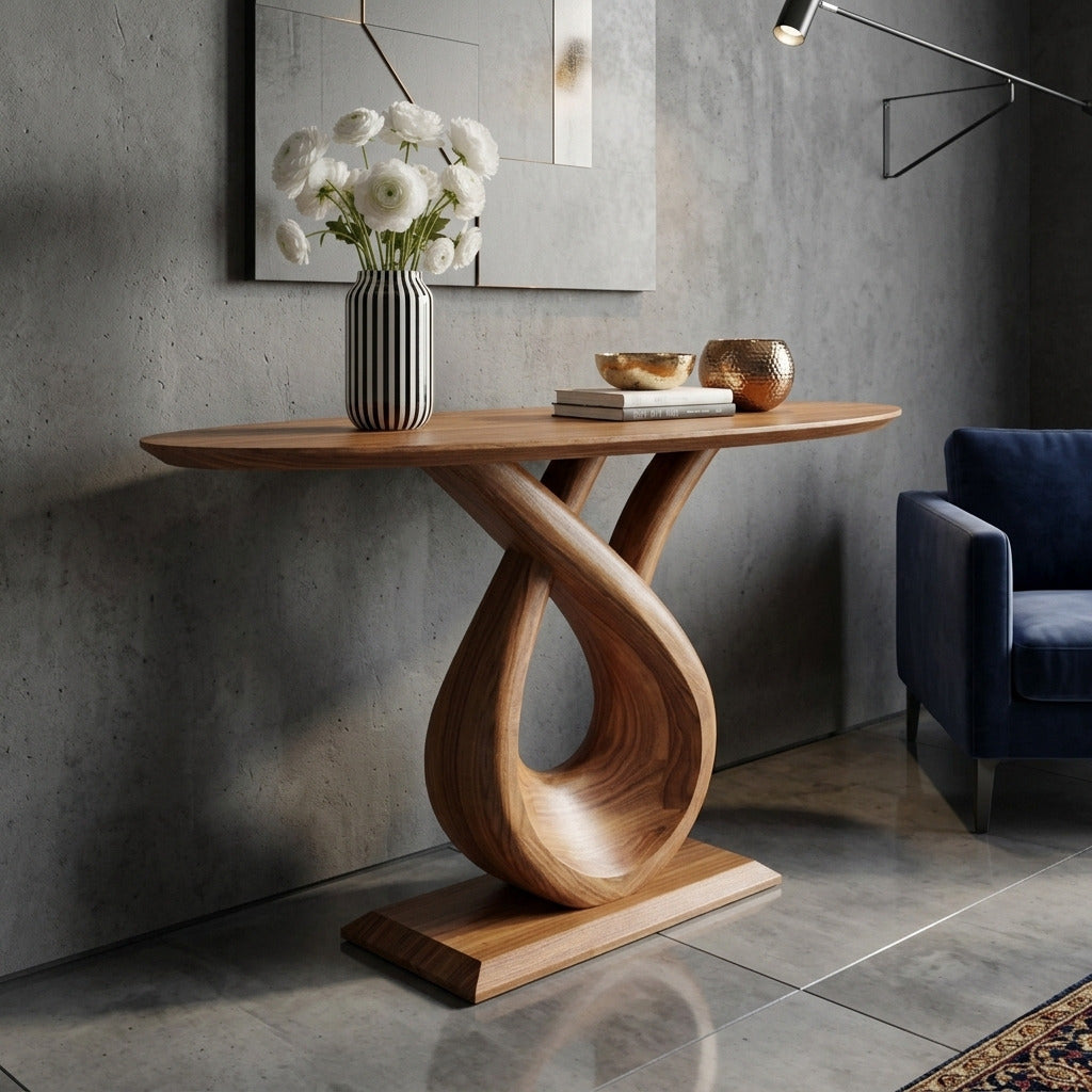 Sculptural solid wood console table in a modern living room