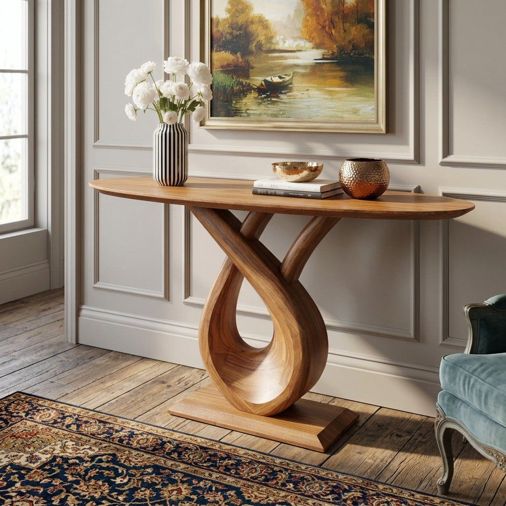 Hand-carved solid wood twist console table in a stylish hallway