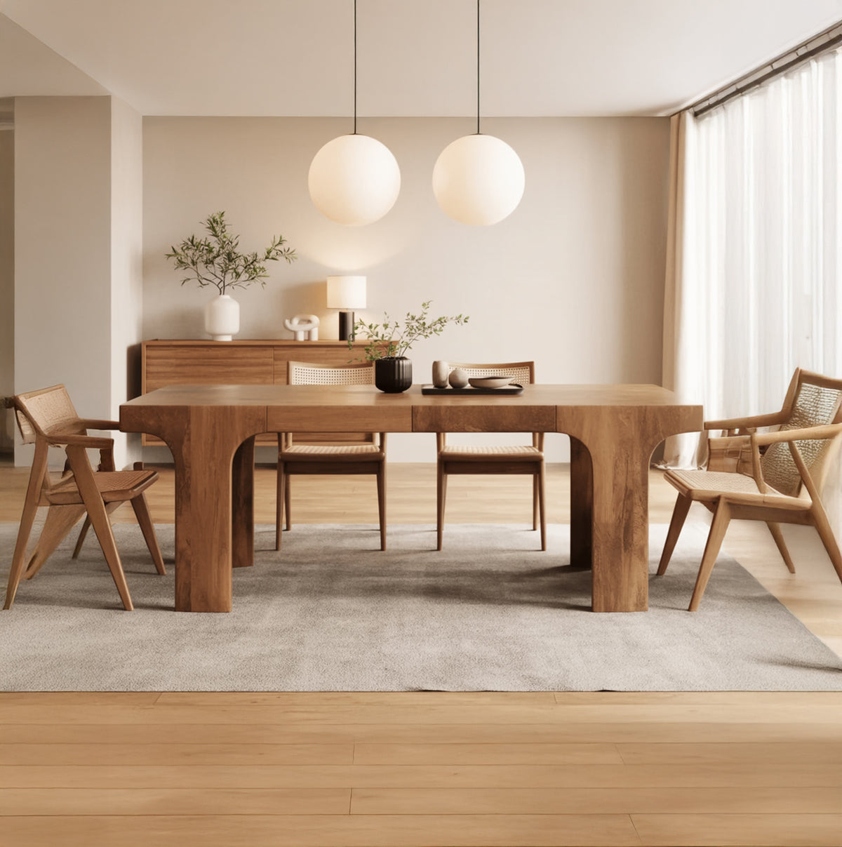 Sculptural solid wood dining set with modern Japandi design