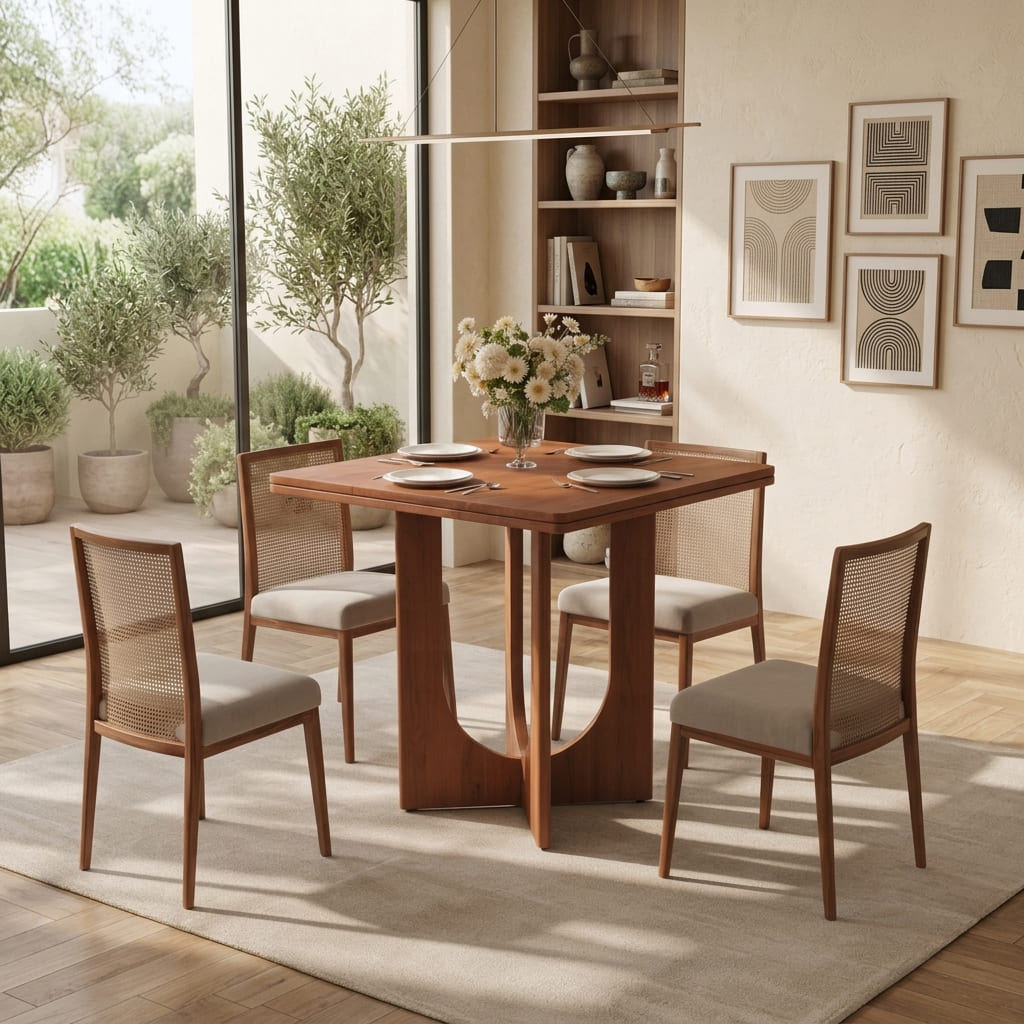 Sculptural solid wood dining table with arch pedestal base styled in a modern dining room