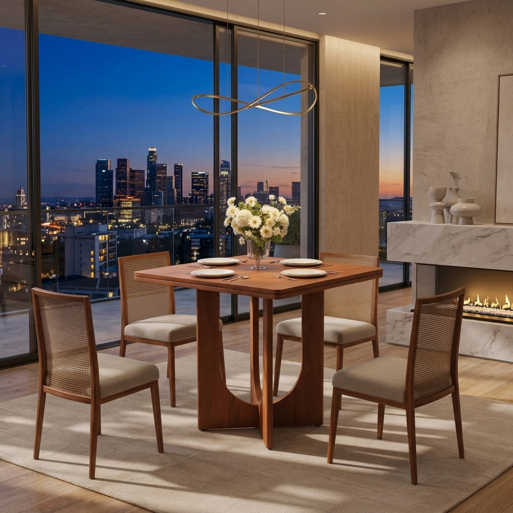 Architectural dining table paired with modern dining chairs in an elegant home setting