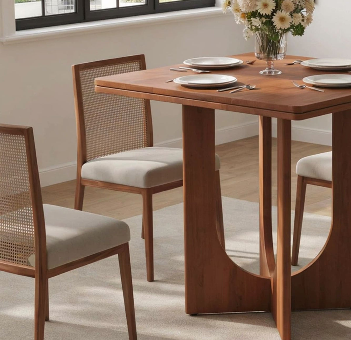 Handcrafted solid wood dining table showcasing a sculptural arch pedestal base