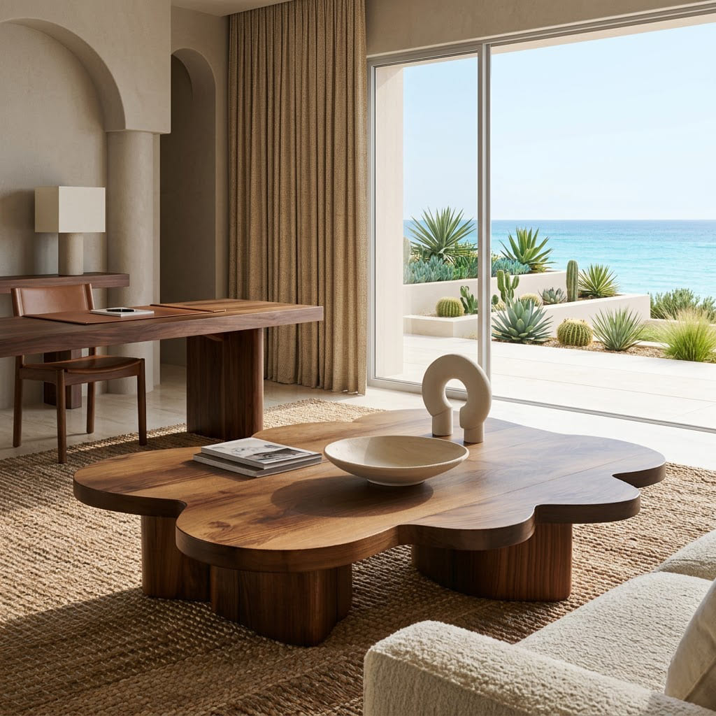 Sculptural solid wood flower coffee table in a contemporary living room