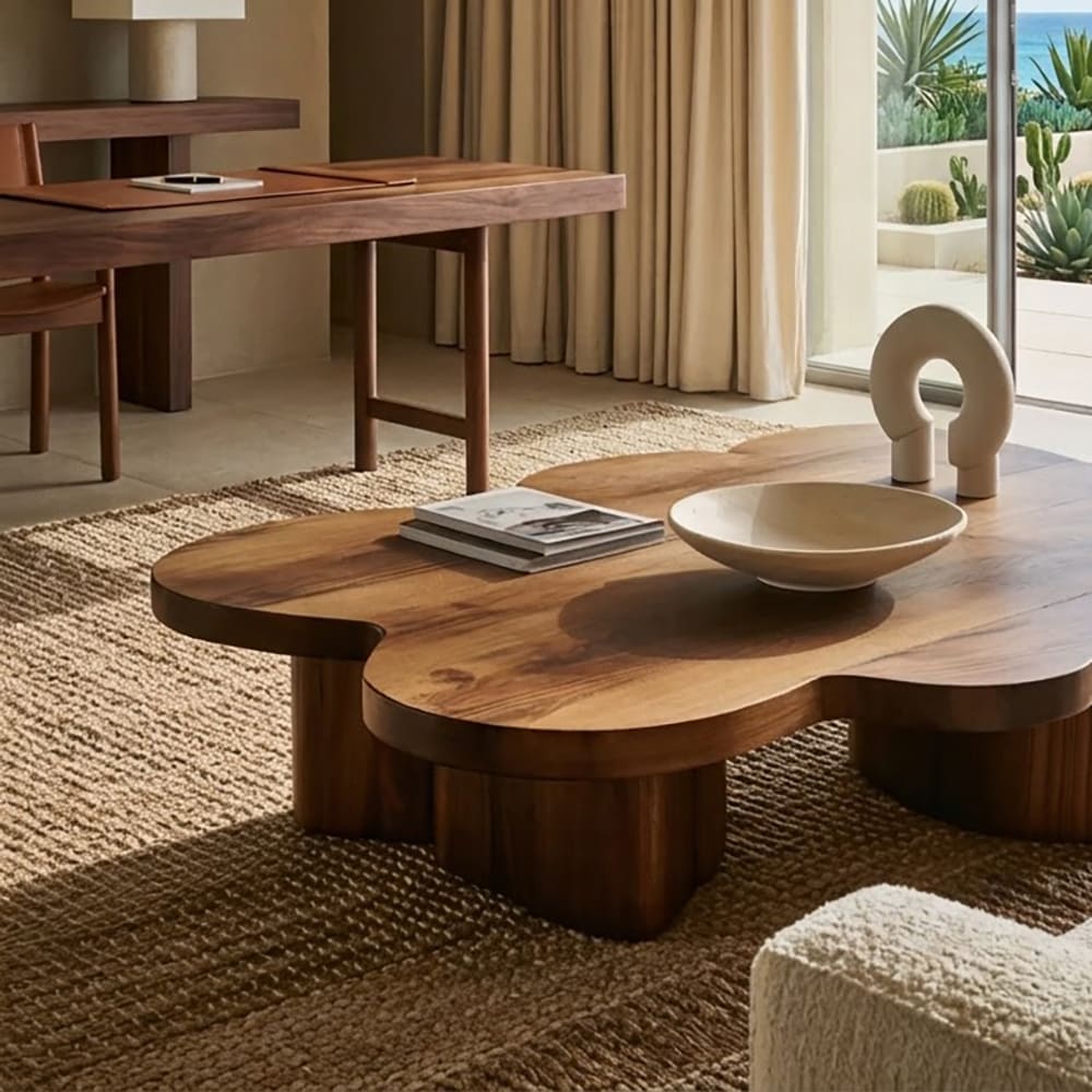 Organic solid wood coffee table displayed in a cozy living space