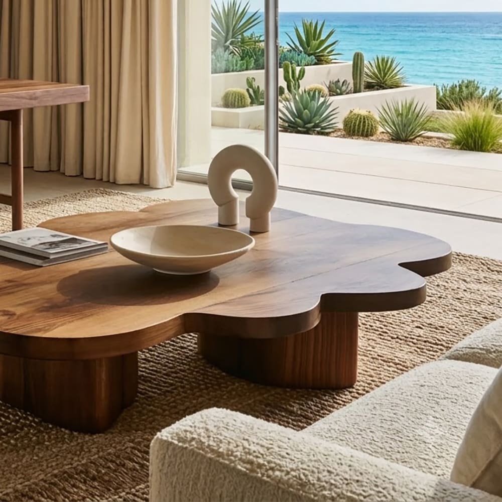 Sculptural solid wood cloud coffee table styled in a minimalist lounge