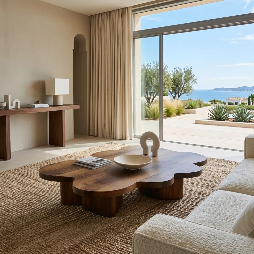 Sculptural solid wood cloud coffee table showcased in an elegant seating area