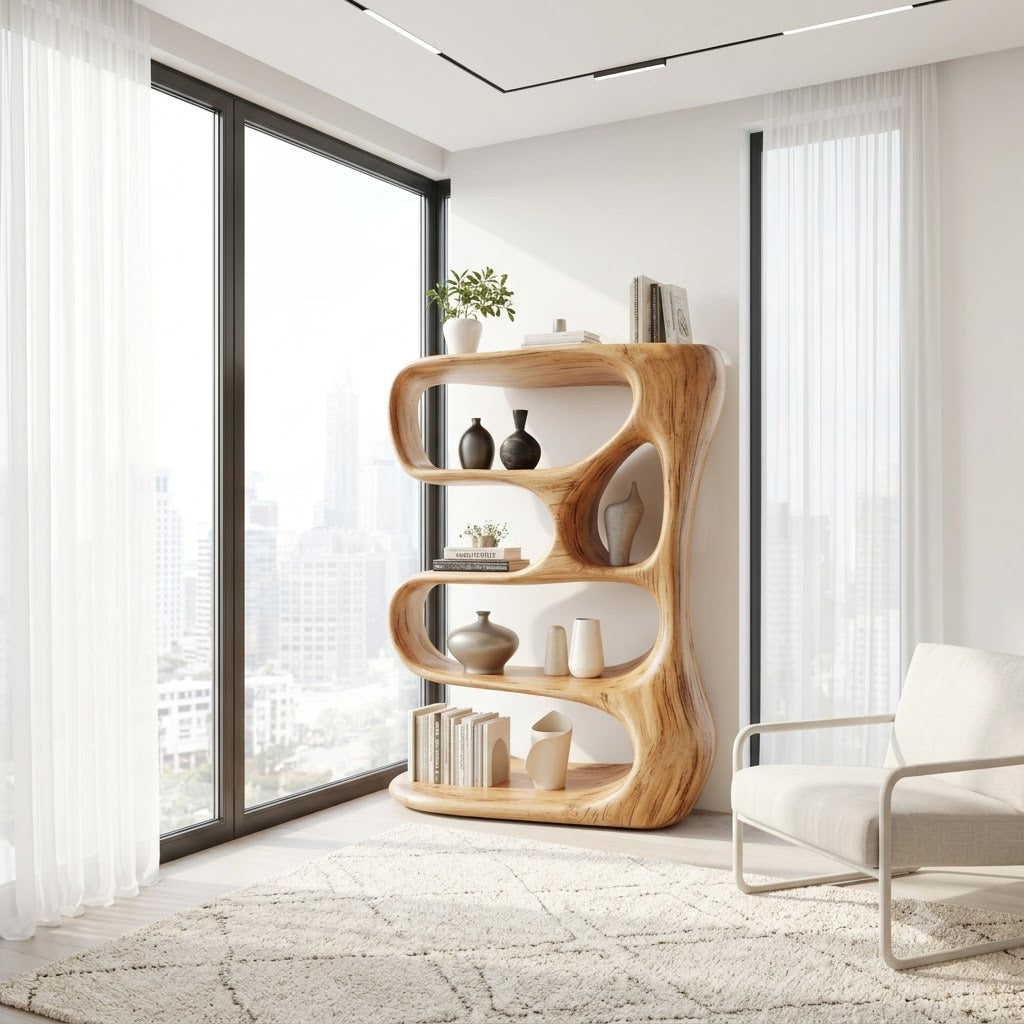 Sculptural solid wood hand-carved bookshelf in a modern living room