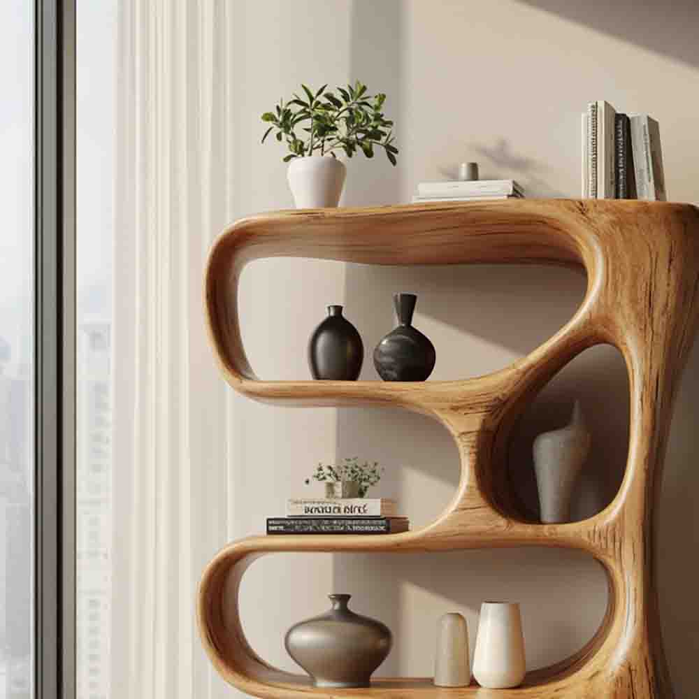 Organic solid wood bookshelf enhancing a cozy living space