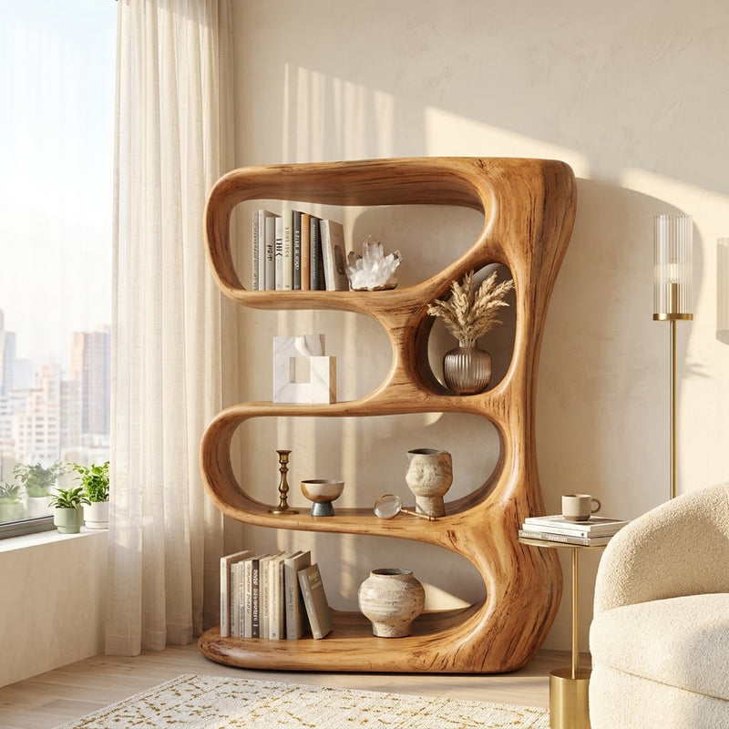 Artistic hand-carved bookshelf crafted from solid wood
