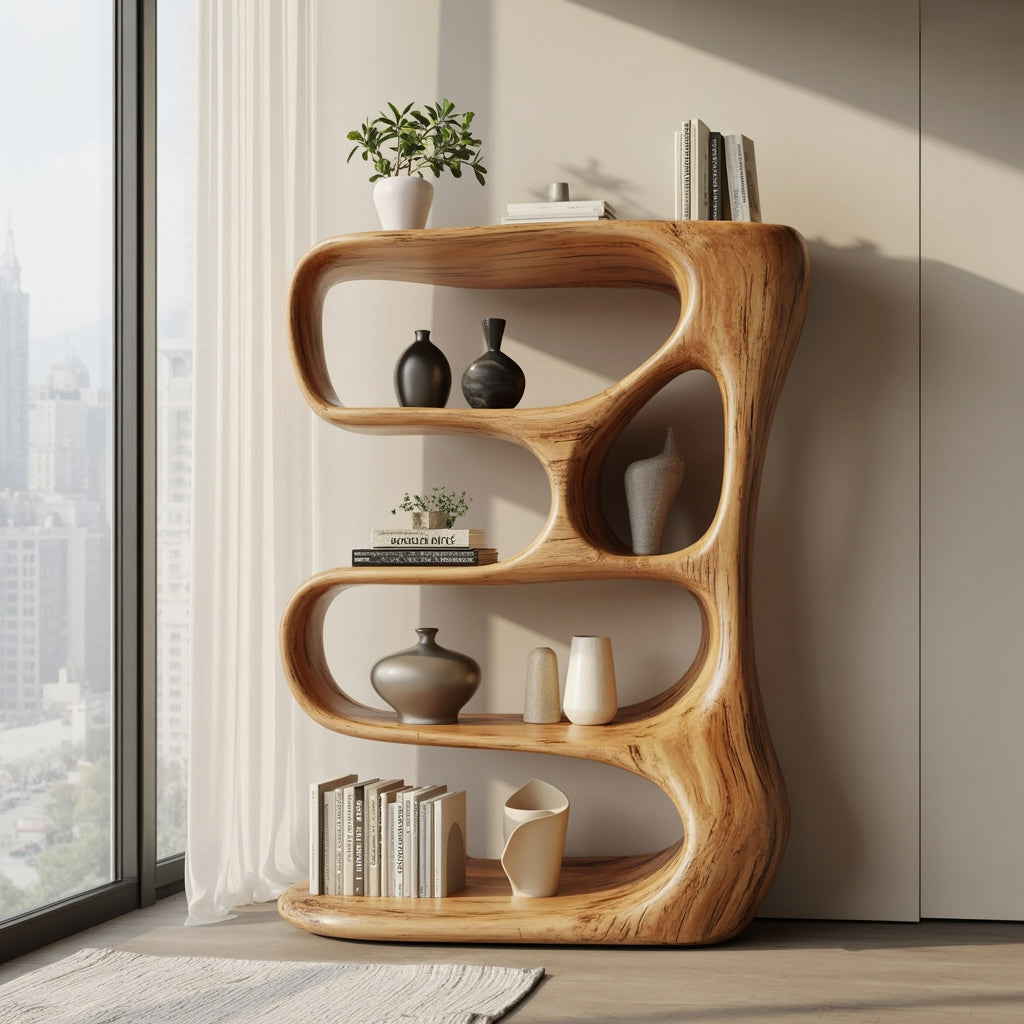 Artistic solid wood hand-carved bookshelf in a minimalist reading nook